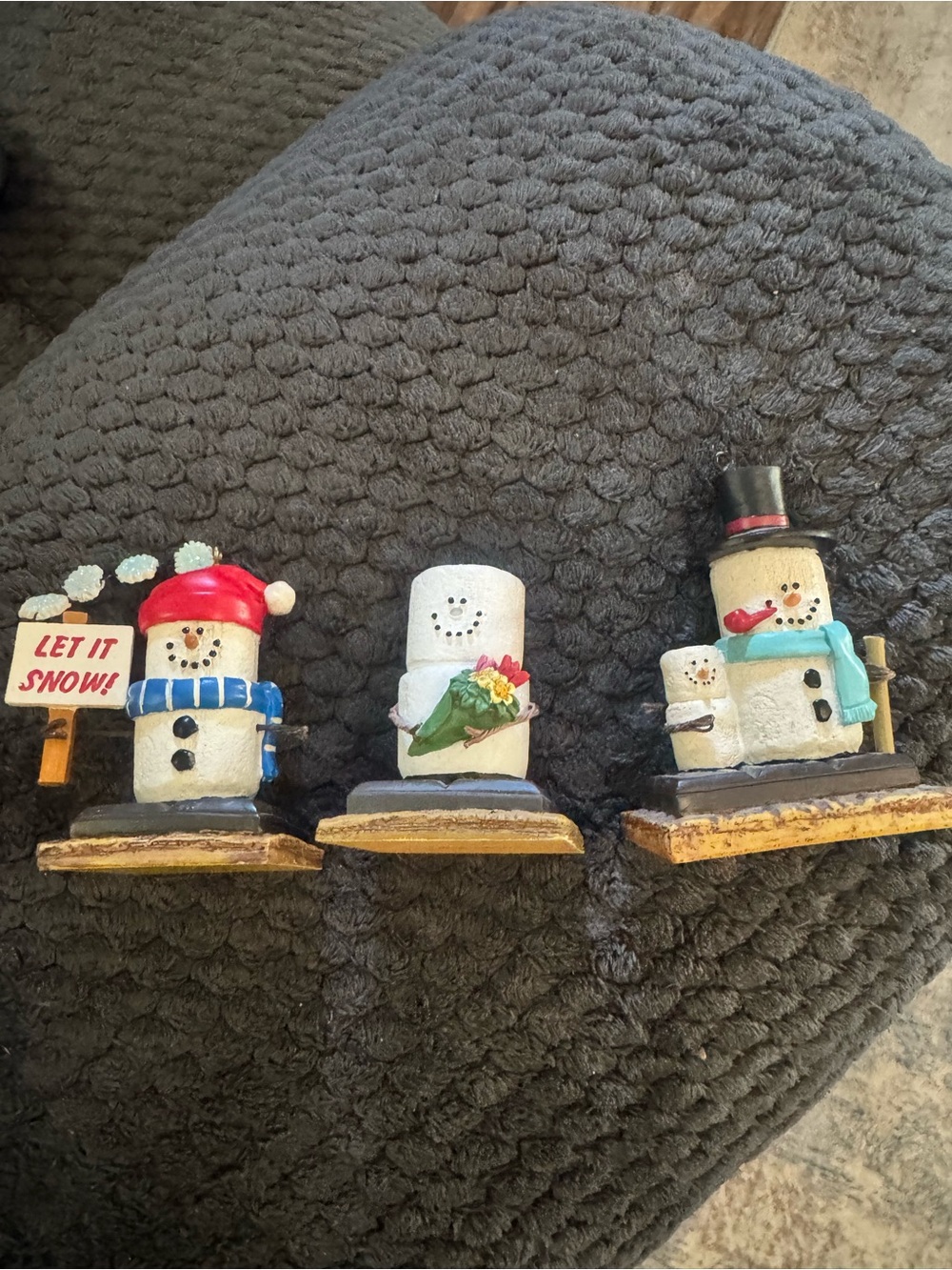 Gray Snowman Trio Holiday Figurines with Red and Blue Accents